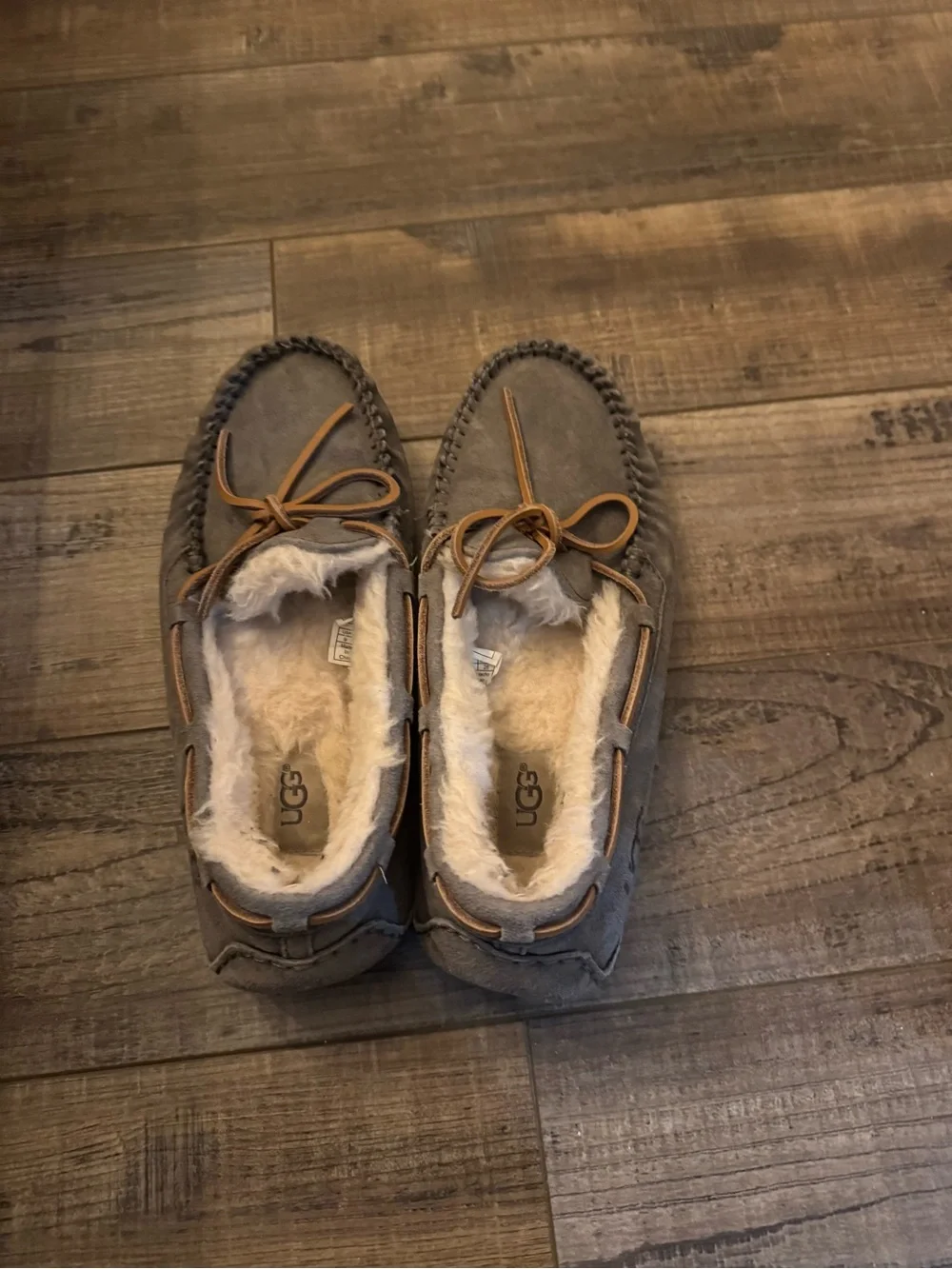 UGG Grey Suede Shearling-Trim Moccasins - Picture 1 of 3